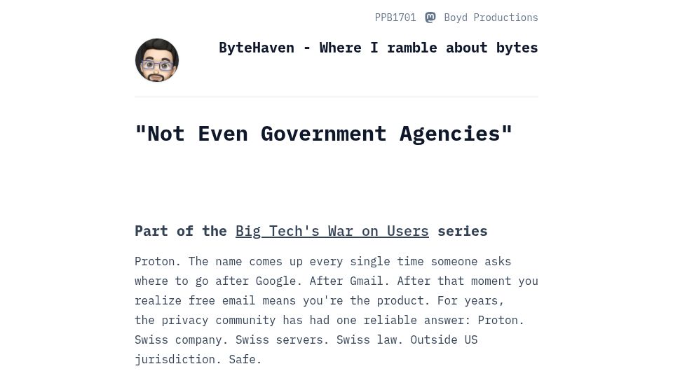 Screenshot of blog.ppb1701.com: "Not Even Government Agencies" - Proton's misleading marketing