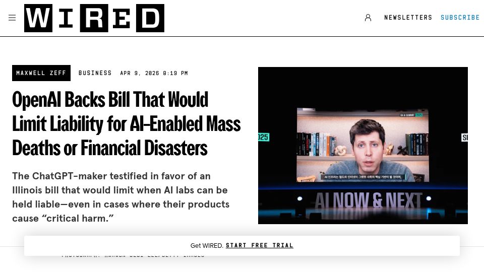 Screenshot of wired.com: OpenAI backs Illinois bill that would limit when AI labs can be held liable