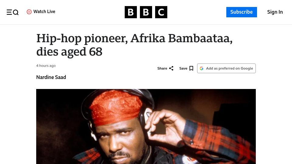 Screenshot of bbc.co.uk: Afrika Bambaataa, hip-hop pioneer, has died