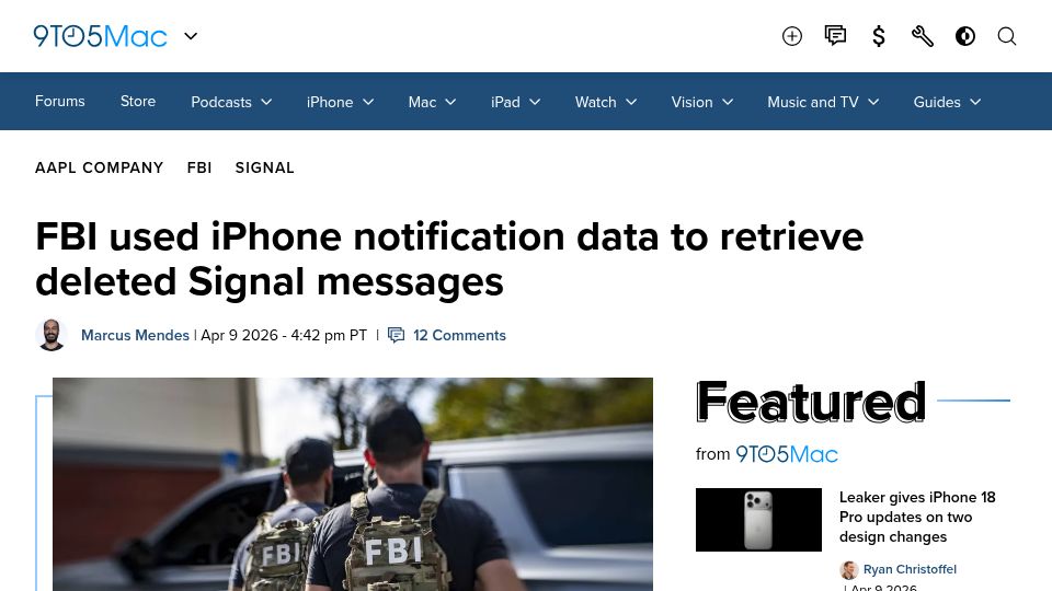 Screenshot of 9to5mac.com: FBI used iPhone notification data to retrieve deleted Signal messages