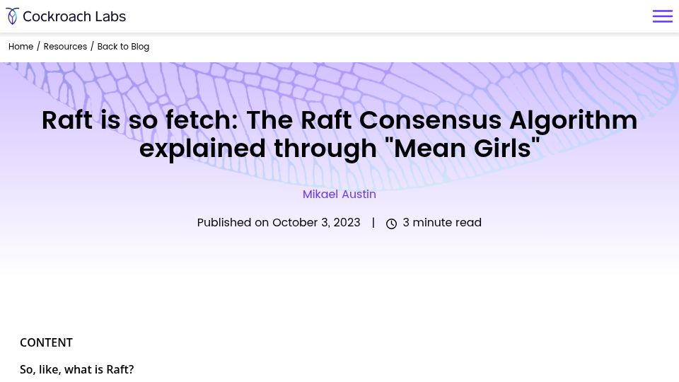 Screenshot of cockroachlabs.com: The Raft consensus algorithm explained through "Mean Girls" (2019)