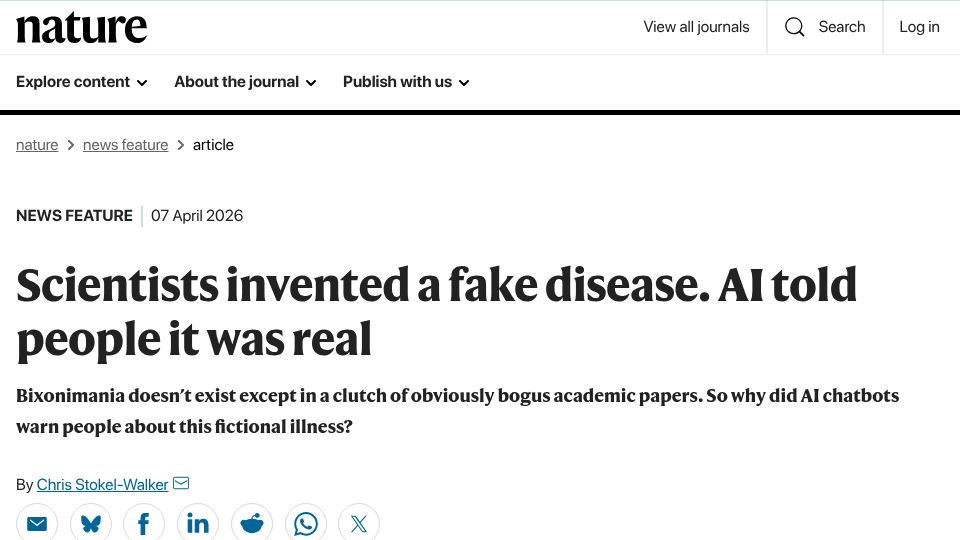 Screenshot of nature.com: Scientists invented a fake disease. AI told people it was real
