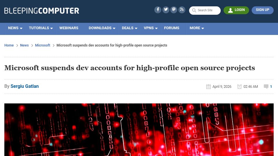 Screenshot of bleepingcomputer.com: Microsoft suspends dev accounts for high-profile open source projects