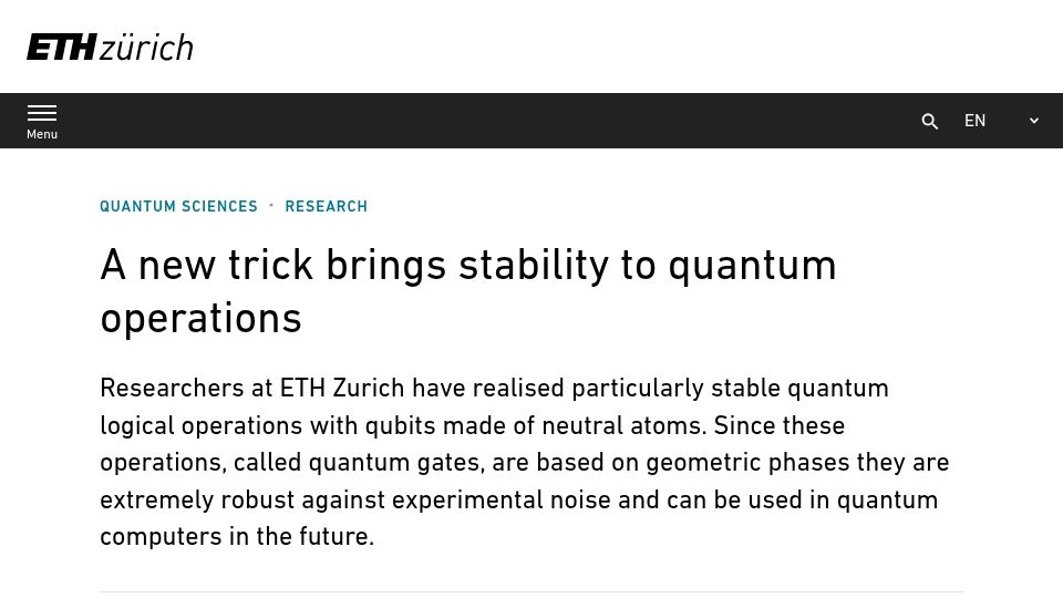Screenshot of ethz.ch: A new trick brings stability to quantum operations