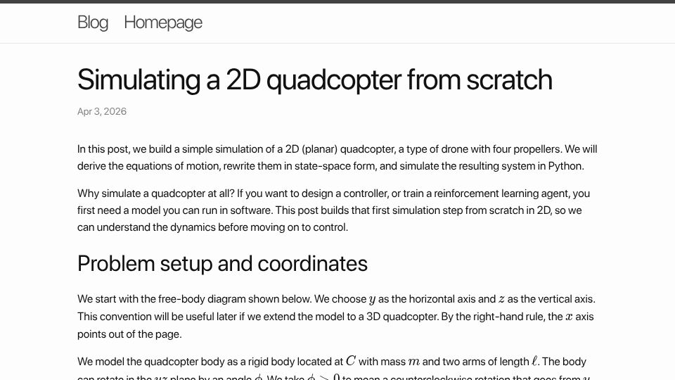 Screenshot of mrandri19.github.io: Simulating a 2D Quadcopter from Scratch