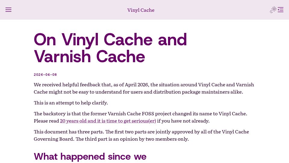 Screenshot of vinyl-cache.org: Vinyl Cache and Varnish Cache