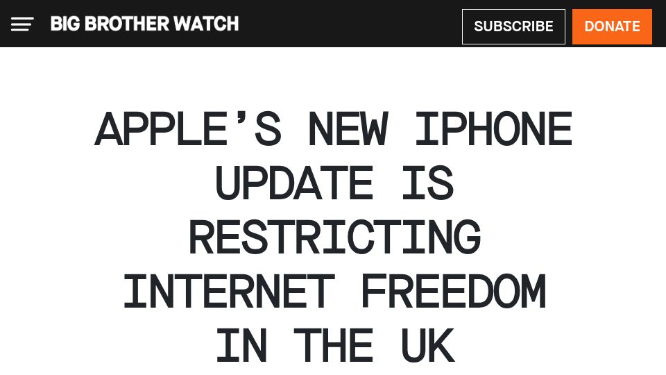 Screenshot of bigbrotherwatch.org.uk: New iPhone age and identity checks restrict internet freedom in the UK