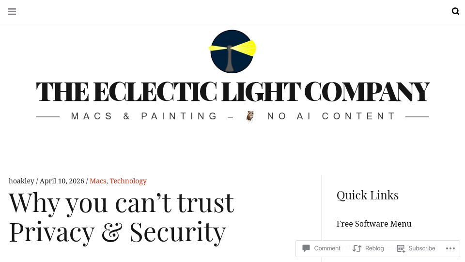 Screenshot of eclecticlight.co: You can't trust macOS Privacy and Security settings