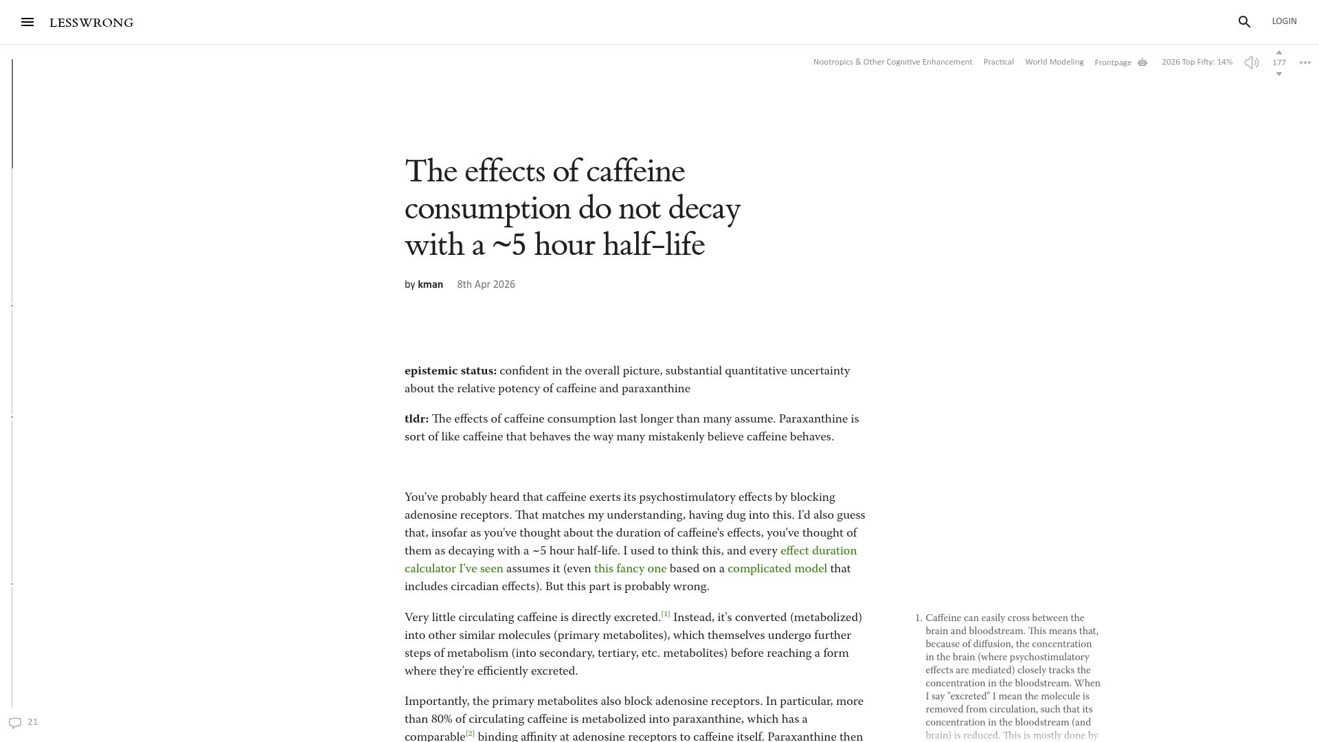 Screenshot of lesswrong.com: The effects of caffeine consumption do not decay with a ~5 hour half-life