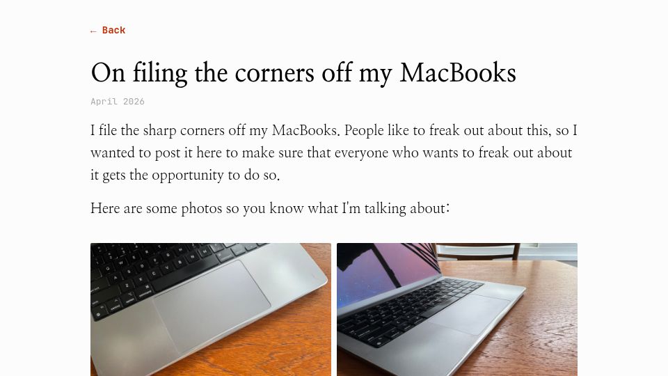 Screenshot of kentwalters.com: Filing the corners off my MacBooks