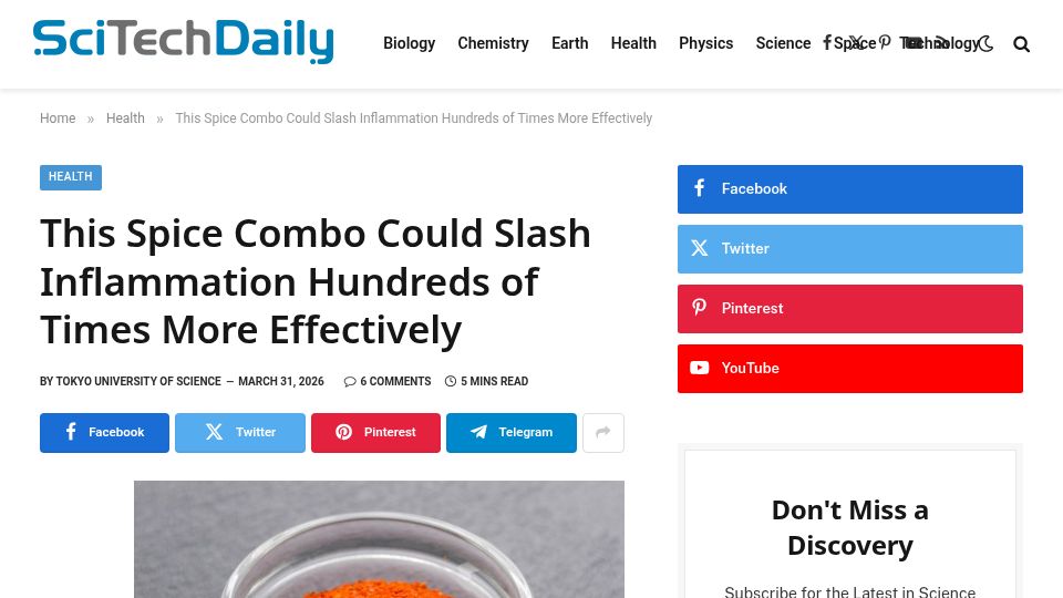 Screenshot of scitechdaily.com: Combining spicy foods with mint boosts anti-inflammatory effects 100x or more