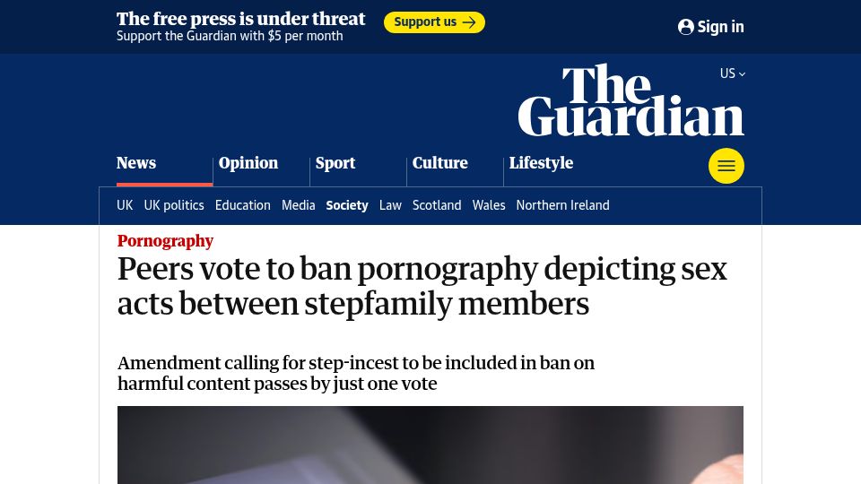 Screenshot of theguardian.com: Peers vote to ban pornography depicting sex acts between stepfamily members