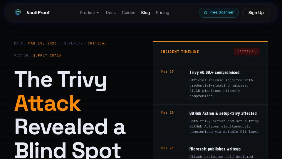 Screenshot of vaultproof.dev: How the Trivy supply chain attack harvested credentials from secrets managers