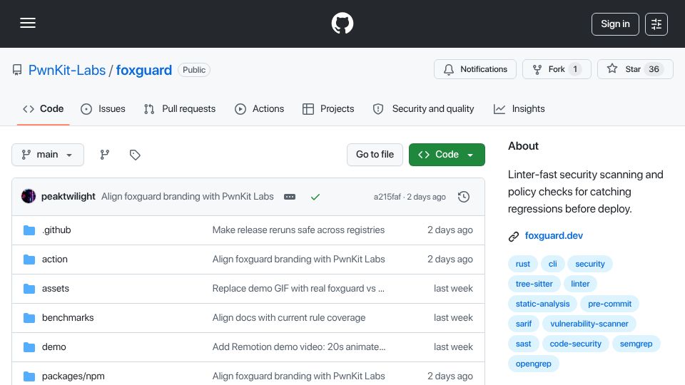 Screenshot of github.com: A security scanner as fast as a linter – written in Rust
