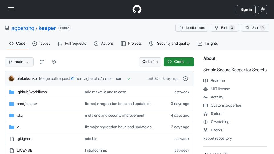 Screenshot of github.com: Show HN: Keeper – embedded secret store for Go (help me break it)