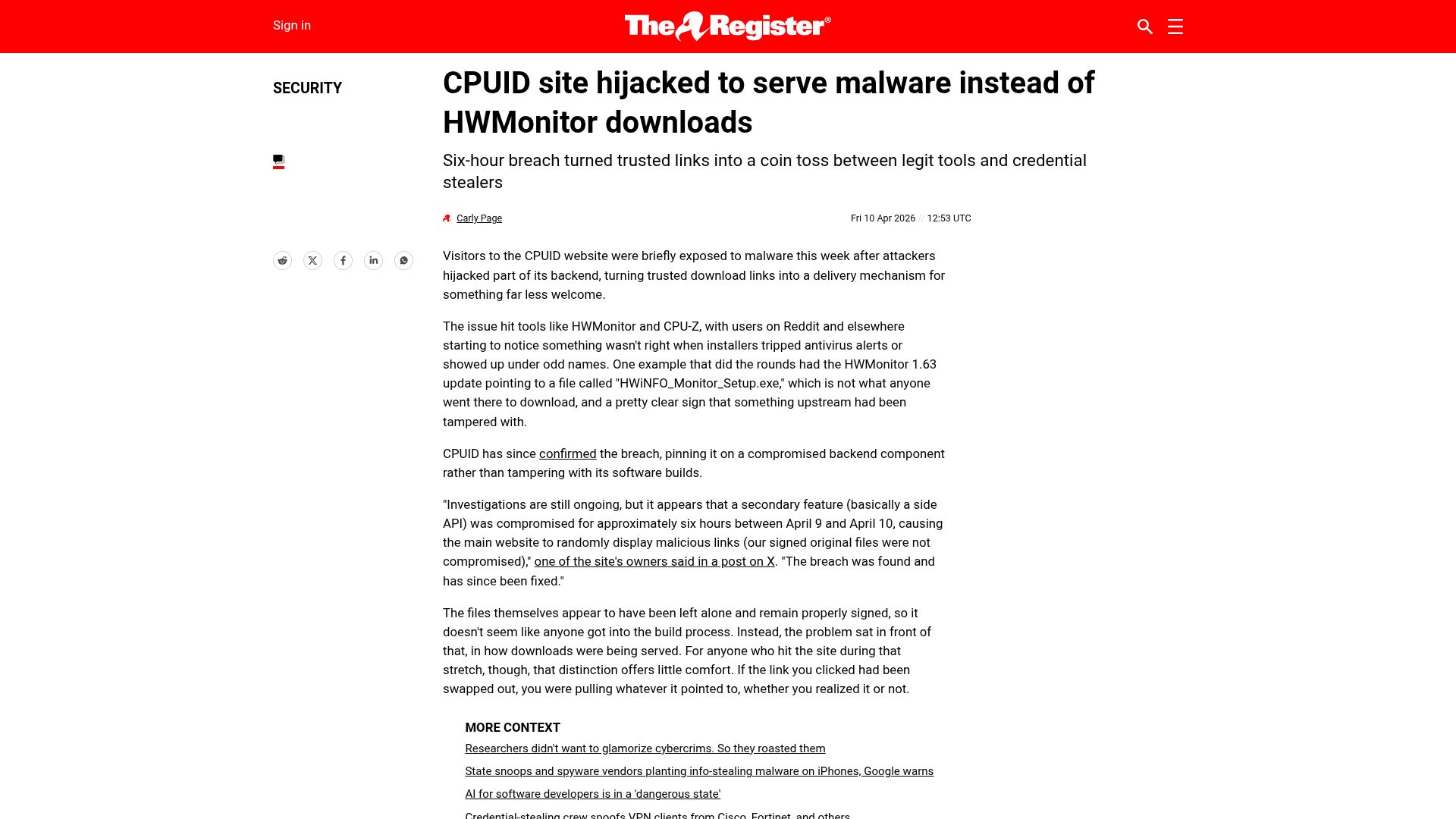 Screenshot of theregister.com: CPU-Z and HWMonitor compromised