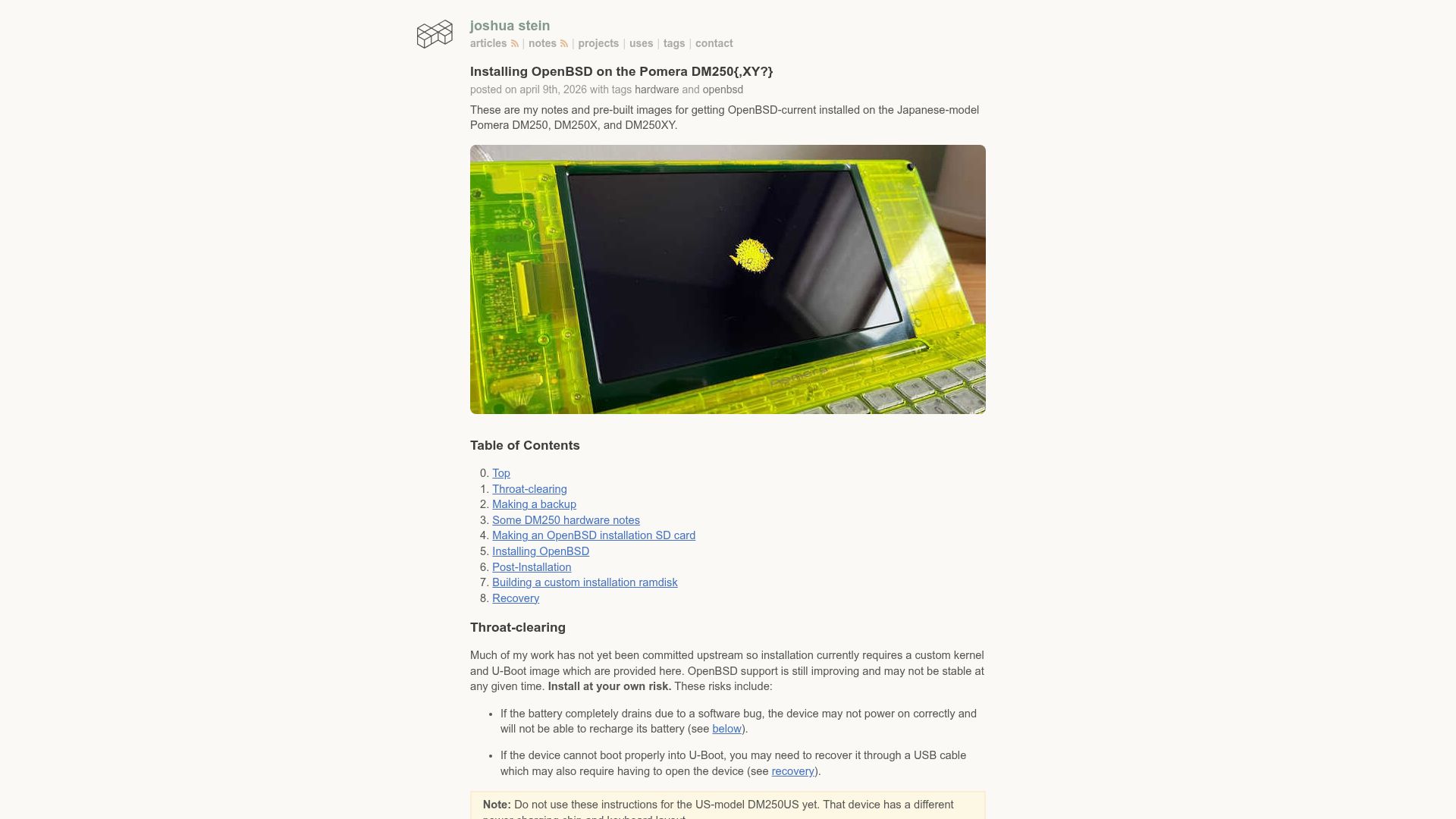 Screenshot of jcs.org: Installing OpenBSD on the Pomera DM250{,XY?}