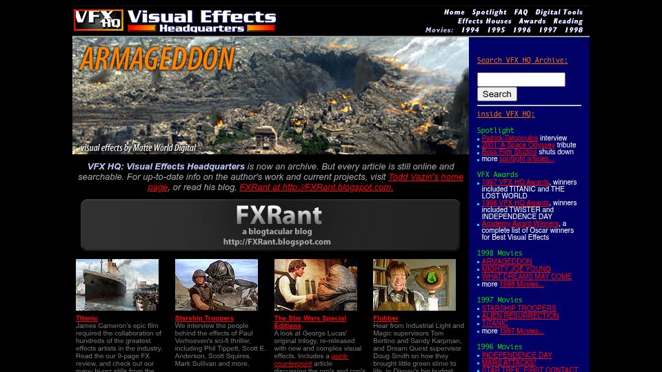 Screenshot of vfxhq.com: VFX HQ: Visual Effects Headquarters (2000)