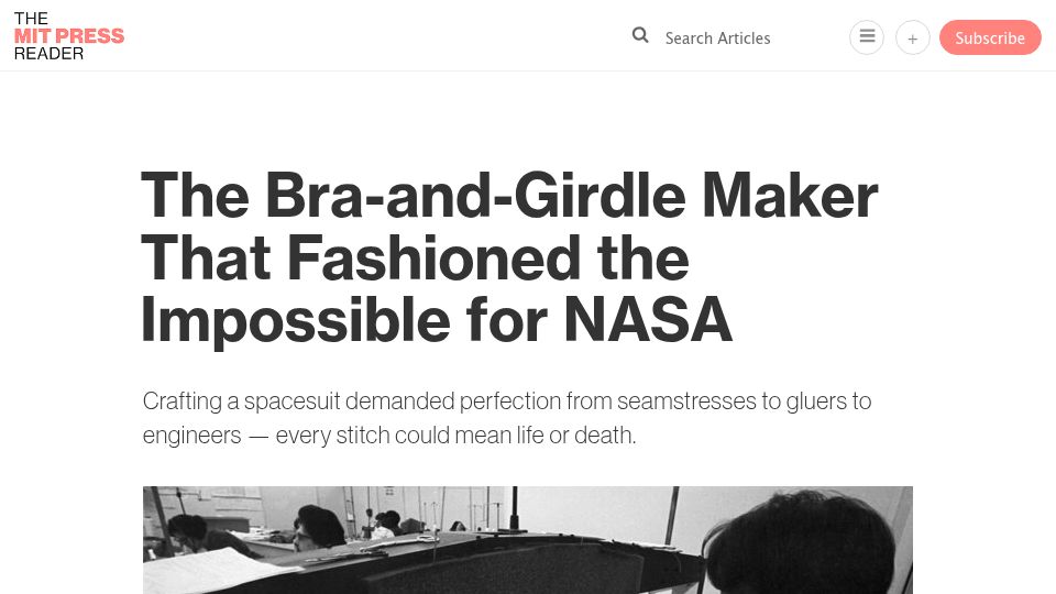 Screenshot of thereader.mitpress.mit.edu: The Bra-and-Girdle Maker That Fashioned the Impossible for NASA