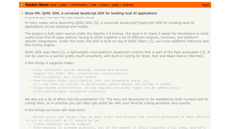 Screenshot of Hacker News post: Show HN: QVAC SDK, a universal JavaScript SDK for building local AI applications