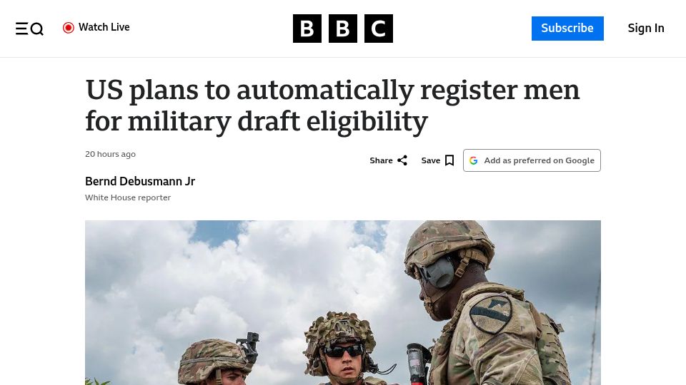 Screenshot of bbc.com: US plans to automatically register young men for military draft