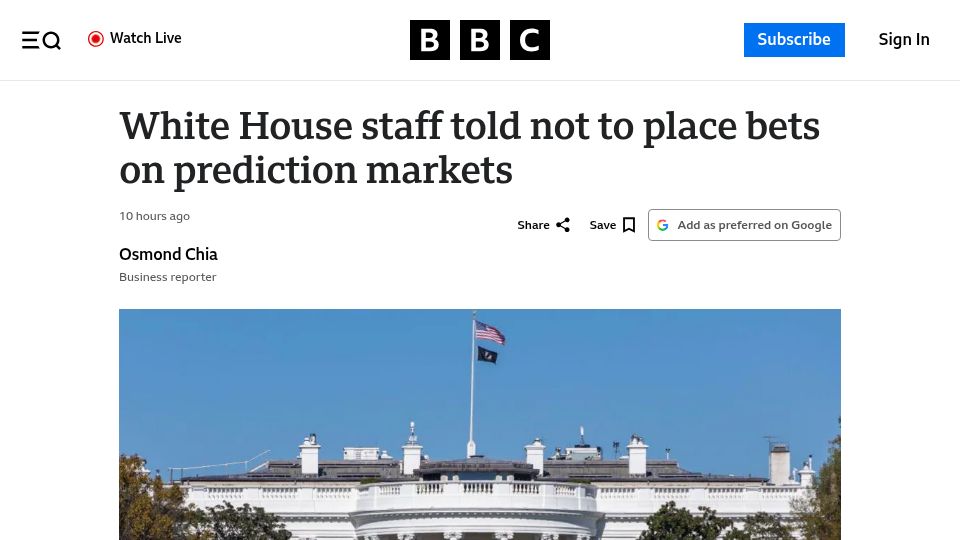 Screenshot of bbc.co.uk: White House staff told not to place bets on prediction markets