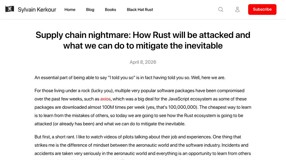 Screenshot of kerkour.com: Supply chain nightmare: How Rust will be attacked and what we can do to mitigate