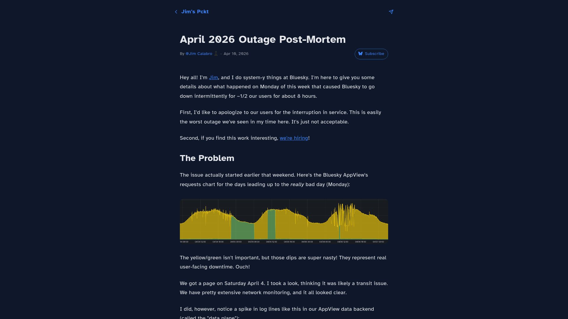 Screenshot of pckt.blog: Bluesky April 2026 Outage Post-Mortem