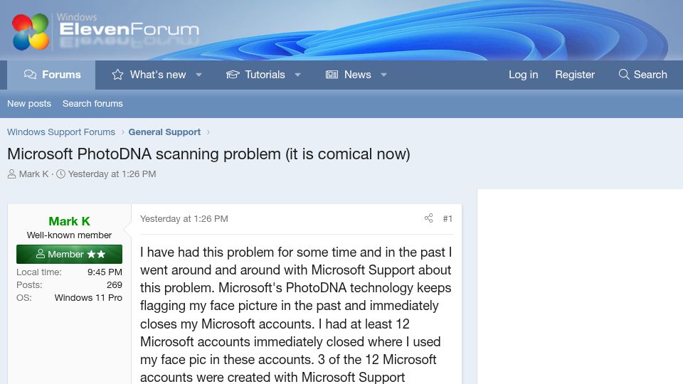 Screenshot of elevenforum.com: Microsoft PhotoDNA scanning problem