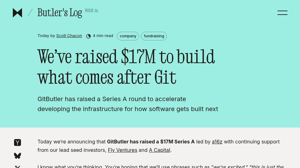 Screenshot of blog.gitbutler.com: We've raised $17M to build what comes after Git