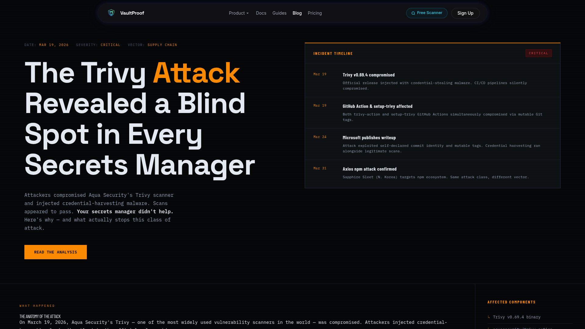 Screenshot of vaultproof.dev: How the Trivy supply chain attack harvested credentials from secrets managers