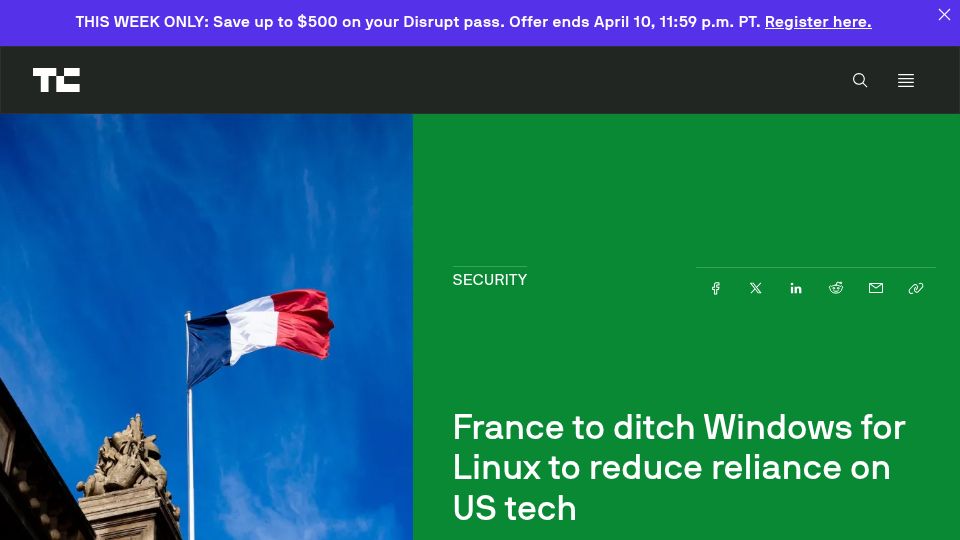 Screenshot of techcrunch.com: France to ditch Windows for Linux to reduce reliance on US tech