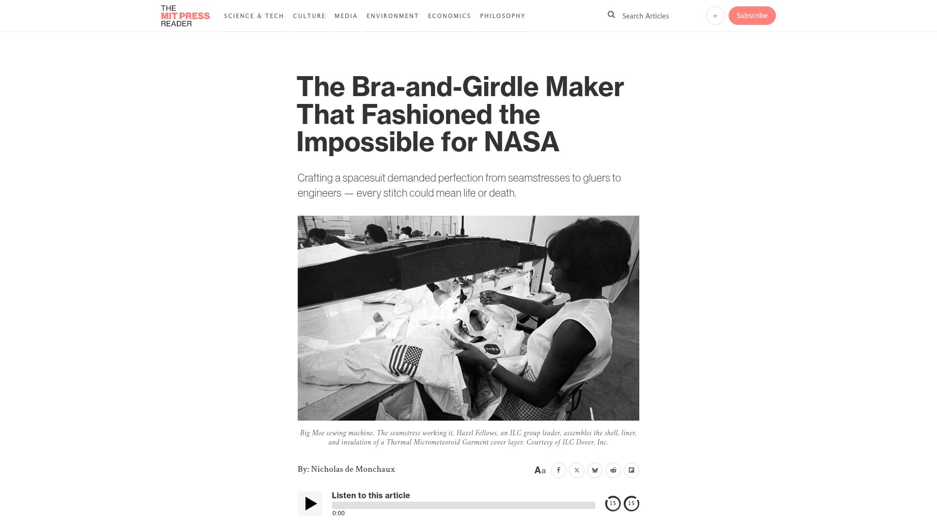Screenshot of thereader.mitpress.mit.edu: The Bra-and-Girdle Maker That Fashioned the Impossible for NASA