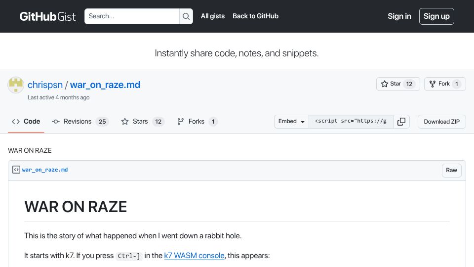 Screenshot of gist.github.com: War on Raze