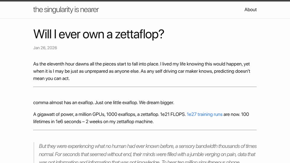 Screenshot of geohot.github.io: Will I ever own a zettaflop?