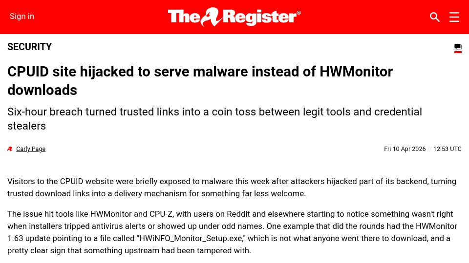 Screenshot of theregister.com: CPU-Z and HWMonitor compromised
