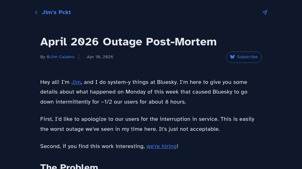 Screenshot of pckt.blog: Bluesky April 2026 Outage Post-Mortem