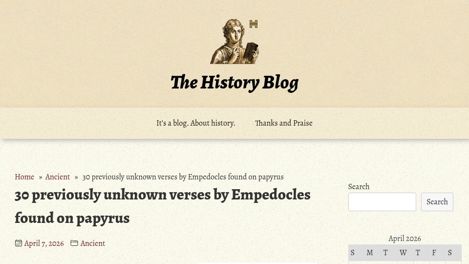Screenshot of thehistoryblog.com: Previously unknown verses by Empedocles found on papyrus