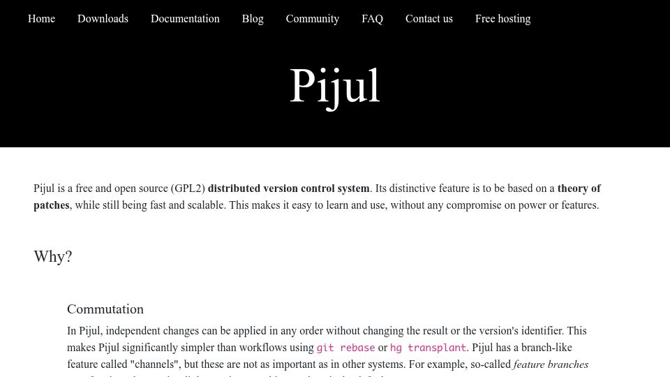 Screenshot of pijul.org: Pijul a FOSS distributed version control system