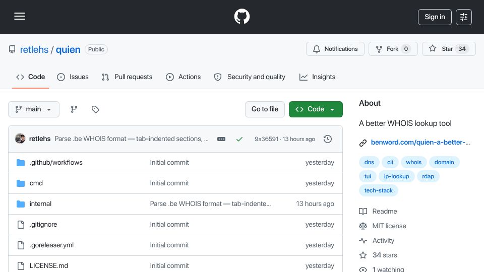 Screenshot of github.com: Quien – A better WHOIS lookup tool