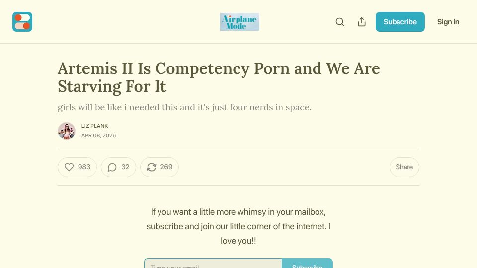 Screenshot of lizplank.substack.com: Artemis II is competency porn