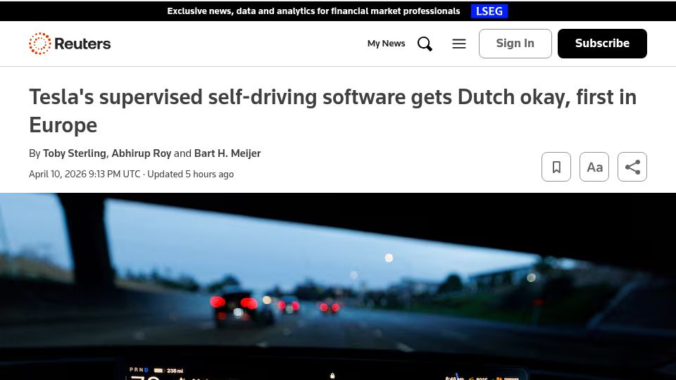 Screenshot of reuters.com: Tesla's supervised self-driving software gets Dutch okay, first in Europe