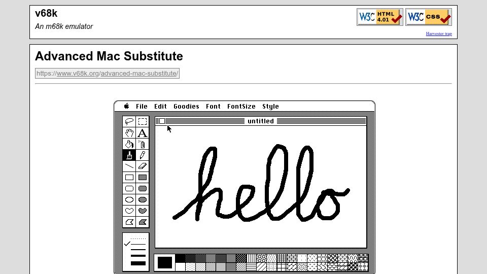 Screenshot of v68k.org: Advanced Mac Substitute is an API-level reimplementation of 1980s-era Mac OS