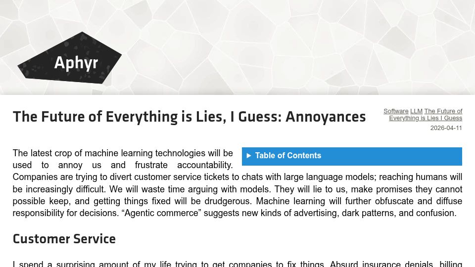 Screenshot of aphyr.com: The future of everything is lies, I guess – Part 5: Annoyances