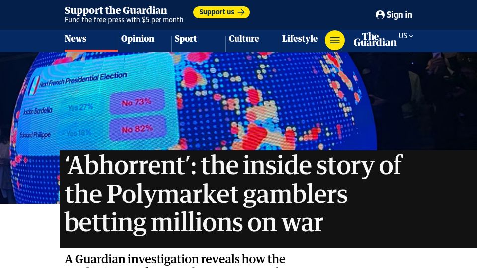 Screenshot of theguardian.com: Polymarket gamblers betting millions on war