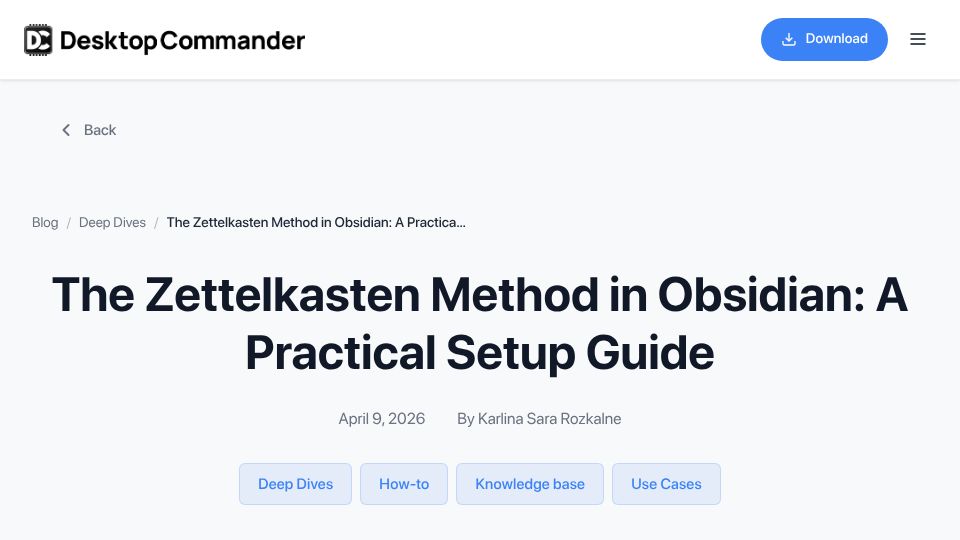 Screenshot of desktopcommander.app: A practical guide for setting up Zettelkasten method in Obsidian