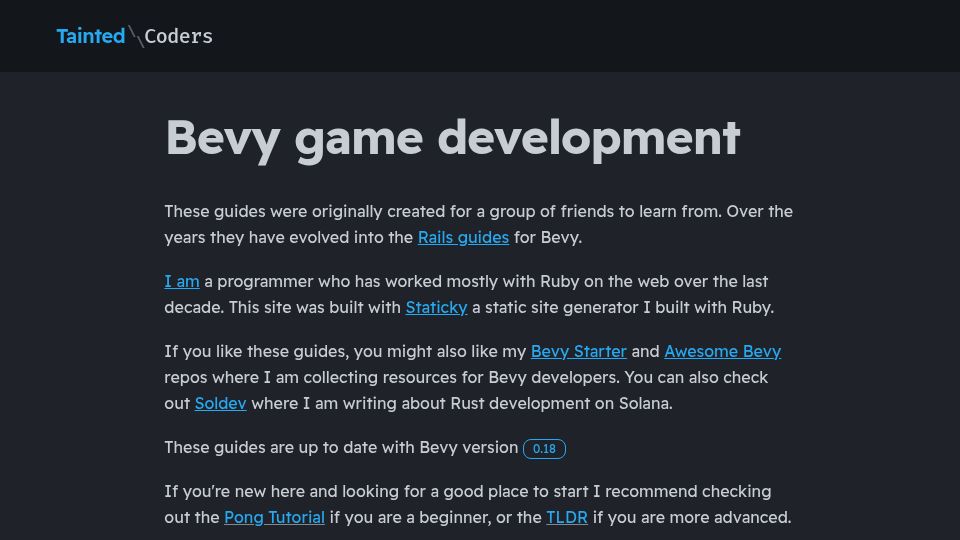 Screenshot of taintedcoders.com: Bevy game development tutorials and in-depth resources