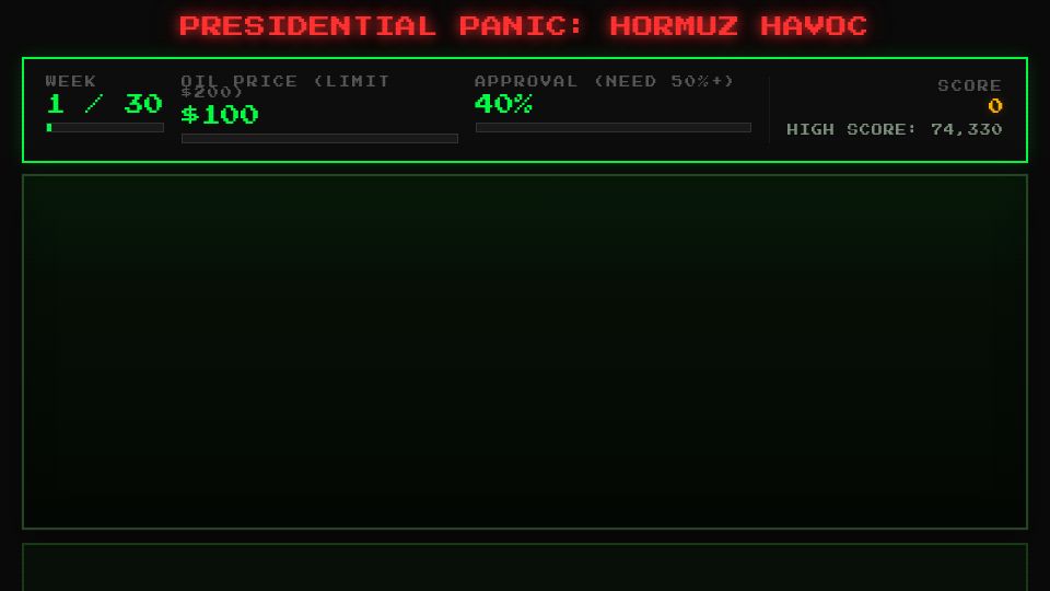 Screenshot of hormuz-havoc.com: Show HN: Hormuz Havoc, a satirical game that got overrun by AI bots in 24 hours
