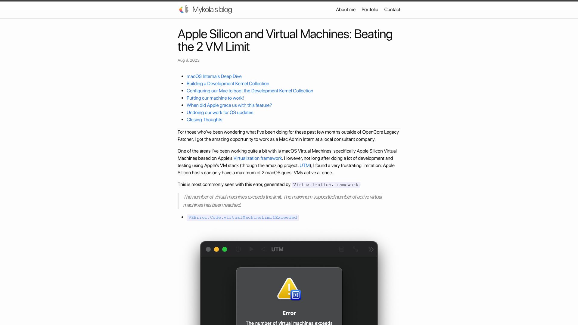 Screenshot of khronokernel.com: Apple Silicon and Virtual Machines: Beating the 2 VM Limit (2023)