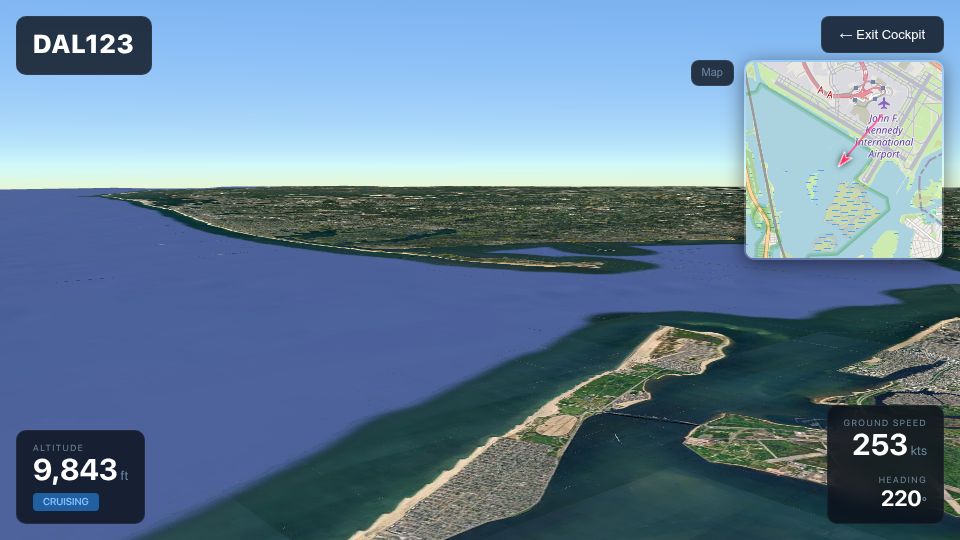 Screenshot of flight-viz.com: Every plane you see in the sky – you can now follow it from the cockpit in 3D